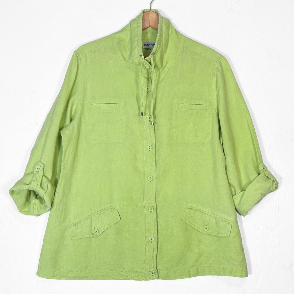Chicos 100% Linen Button Up‎ Shirt Womens XL Spring Green Roll Tab Lagenlook